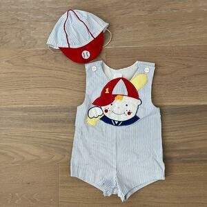 Vintage Boys Rompers Baseball One Piece Set Cap Hat 18 Months
